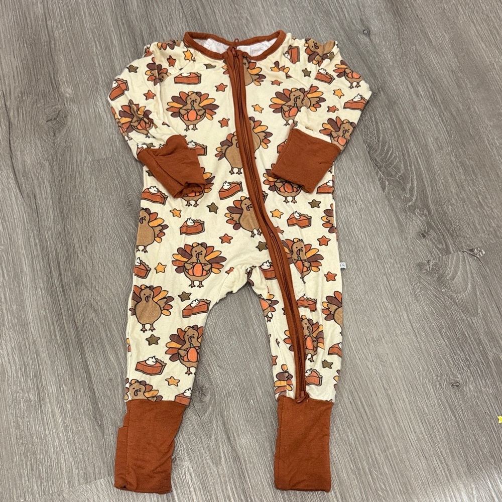 Caden Lane Cream and Brown Turkey Print Kids Zipoy